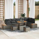 VidaXL Set de canapea pentru grădină, 9 piese, cu perne, gri, din rattan polimeric și acacia.