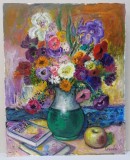 Nicolcea Spineni - Carti, flori si mar, ulei pe carton 40x50 cm, pictura cu certificat de autenticitate