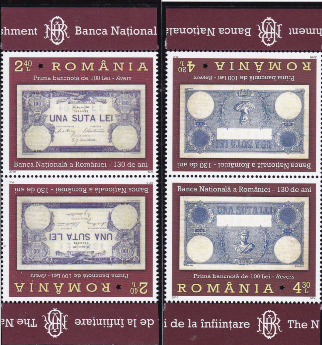 ROMANIA 2010 LP 1877 B.N.R. A ROMANIEI-130 ANI INFIINTARE SERIE+TETE BECHE MNH