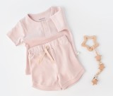 Set tricou cu pantaloni scurti - 100% bumbac organic - Roz, BabyCosy (Marime: 12-18 Luni)