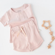 Set tricou cu pantaloni scurti - 100% bumbac organic - Roz, BabyCosy (Marime: 12-18 Luni)