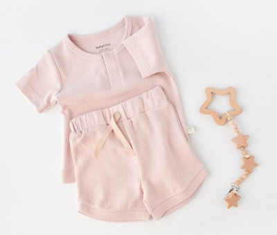 Set tricou cu pantaloni scurti - 100% bumbac organic - Roz, BabyCosy (Marime: 3-6 Luni) foto