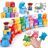 Trenuleț de jucărie cu 9 căsuțe numerotate, chei și figurine de animale pentru degete