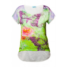 Tricou dama By Swan, imprimat floral, cu strasuri, Verde/Alb