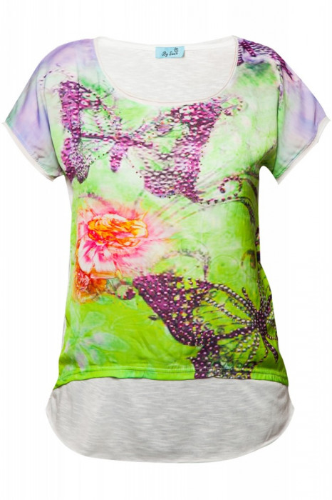 Tricou dama By Swan, imprimat floral, cu strasuri, Verde/Alb
