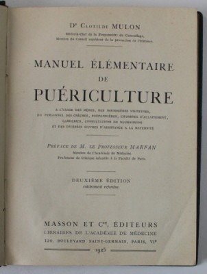 MANUEL ELEMENTAIRE DE PUERICULTURE par Dr. CLOTILDE MULON , 1925 foto