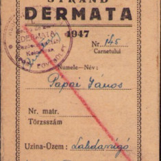 HST A1389 Legitimație ștrand Dermata Cluj 1947 fotbalist Papai Janos