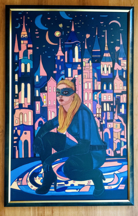Tablou pictat manual, 50x80 cm, Catwoman