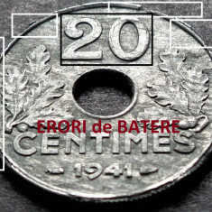 Moneda istorica 20 CENTIMES - FRANTA, anul 1941 *cod 3864 ERORI MAJORE de BATERE