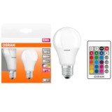 Set 2 becuri LED RGBW cu telecomanda, Star, dimabil, E27, 9W (60W), 806 lm, lumina alba si colorata