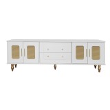 Comodă TV &icirc;n stil retro cu m&acirc;nere aurii, uși din ratan și picioare din metal, spațiu de depozitare generos, 175x38x55,5 cm, alb