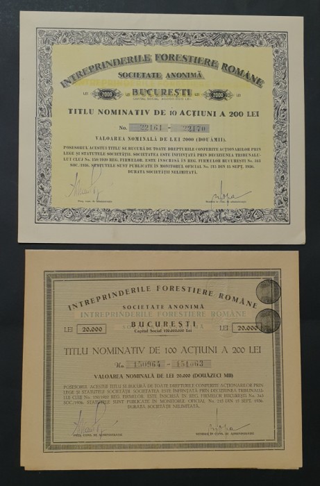 Lot 2 actiuni Intreprinderile forestiere romane , titlu , actiune , forestiera