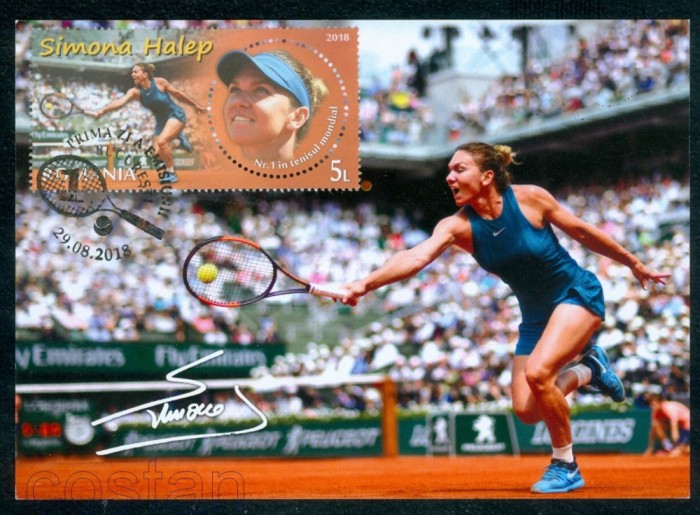 2018 - Romania,LP.2209 ,Mi.7444,Simona Halep,tenis,carte maxima - Prima Zi