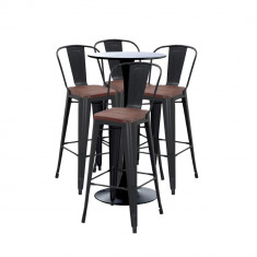 RAKI Set bar cafenea, masa neagra 60x101cm si patru scaune metalice negre cu spatar sezut lemn 46x43x107cm foto