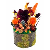 Aranjament floral mic personalizabil de toamna sau Halloween cu flori uscate si licheni stabilizati (Portocaliu, Grena)