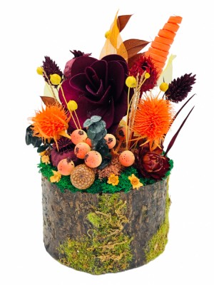 Aranjament floral mic personalizabil de toamna sau Halloween cu flori uscate si licheni stabilizati (Portocaliu, Grena) foto