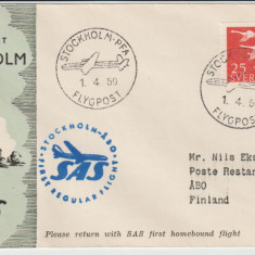 Plic Circulat Suedia 1959 ,Posta Aeriana Primul Zbor SAS , Stockholm - Abo