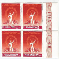 |Romania, LP 501/1960, Al III-lea Congres al P.M.R., bloc de 4, MNH