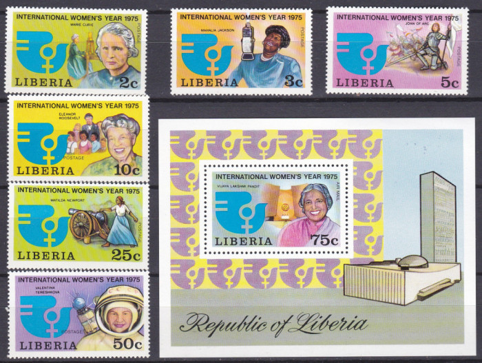 DB1 Liberia Anul International al Femeii 1975 Cosmos Marie Curie 6 v. + SS MNH