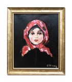 Cumpara ieftin Tablou celebu inramat pictat manual, Portret de tarancuta cu basma rosie, 35x30cm ulei pe panza rama din lemn, reproducere Nicolae Grigorescu