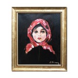 Tablou celebu inramat pictat manual, Portret de tarancuta cu basma rosie, 35x30cm ulei pe panza rama din lemn, reproducere Nicolae Grigorescu