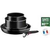 Set 5 piese TEFAL Easy Cook &amp; Clean Starter Kit L1539543, Dimensiuni 16-28cm, Invelis antiaderent, Maner detasabil, Aluminiu, Negru