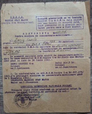 Adeverinta scutire concentrare-mobilizare, Serviciul Drumurilor Focsani 1942 foto