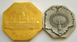 q824 CONCURSUL MONDIAL DE VINURI 1972 BUDAPESTA PERECHE MEDALII BRONZ AURIT 65mm si BRONZ ARGINTAT 56mm CLADIREA PARLAMENTULUI STARE EXCELENTA