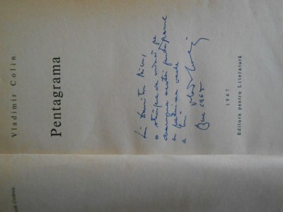 Vladimir Colin, Pentagrama, 1967, dedicatie catre Dumitru Micu, 180 pag. foto