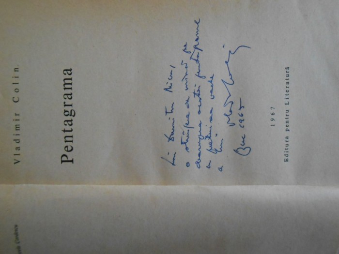 Vladimir Colin, Pentagrama, 1967, dedicatie catre Dumitru Micu, 180 pag.