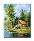 Cumpara ieftin Tablou peisaj de munte cu casuta langa rau, pictat manual 50x40cm ulei pe panza, Constantin Feraru