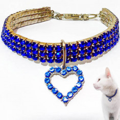 Zgarda pisici si caini mici, bijuterie colier pentru animale de companie, strasuri albastre si pandantiv inima foto