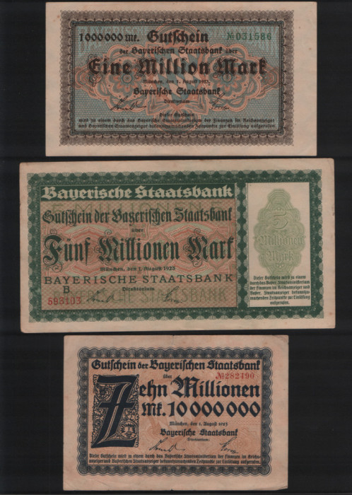 Rar! Set 1000000+5000000+10000000 mark marci Munchen Staatsbank 1923