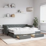 vidaXL Pat de zi cu extensie și sertare, gri &icirc;nchis, 90x190cm, textil
