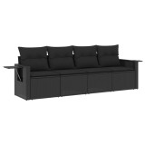 Set mobilier de gradina cu perne, 4 piese, negru, poliratan