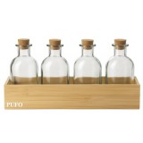 Set 4 Sticle Pufo cu Dop de Pluta si Suport din Bambus &ndash; Pentru Ulei, Otet, Dressinguri, Sosuri, Condimente &ndash; 4 x 250 ml