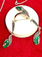 set argint vintage, verde emerald cu marcasite