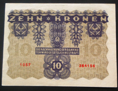 Bancnota istorica 10 COROANE - AUSTRO-UNGARIA (AUSTRIA), anul 1922 * cod 630 C foto