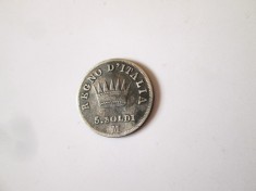 Rara! Statele Italiene/Regatul Napoleonian al Italiei 5 Soldi 1810 M argint 900,Napoleon I,diam=15 mm,moneda din imagini la cel mai mic pret