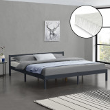 [en.casa]&reg; Pat rama lemn Nakkila 180DG, 180 x 200 cm, lemn brad/spuma rece, 200 Kg, dublu, gri inchis mat, cu saltea si gratar pat HausGarden Leisure, [en.casa]