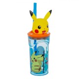 Pahar cu Pai, 3D Pokemon, Picachu, Plastic, Capacitate 360ml, Multicolor, Oem