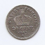 Franta 20 Centimes 1867 BB - Napoleon III, Argint 1 g/835, KM-808.2, Europa