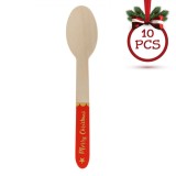 Lingurițe Lemn, Merry Christmas, 16cm, Set 10 Buc, Roșu-Auriu, Oem