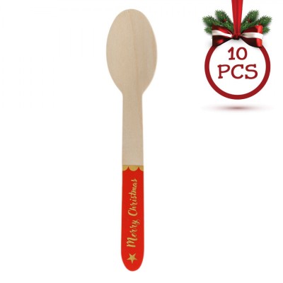 Lingurițe Lemn, Merry Christmas, 16cm, Set 10 Buc, Roșu-Auriu foto