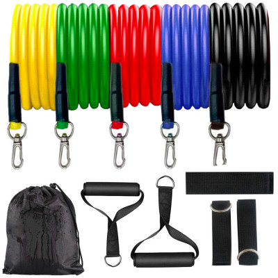 Set corzi elastice de rezistenta fitness, 5 culori cu dificultate diferita, cu ancora pentru usa, geanta de, curele pentru glezna, kinetoterapie, antr foto