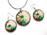 Set bijuterii colier si cercei din lemn cu flori verzui 41649, Set bijuterii handmade