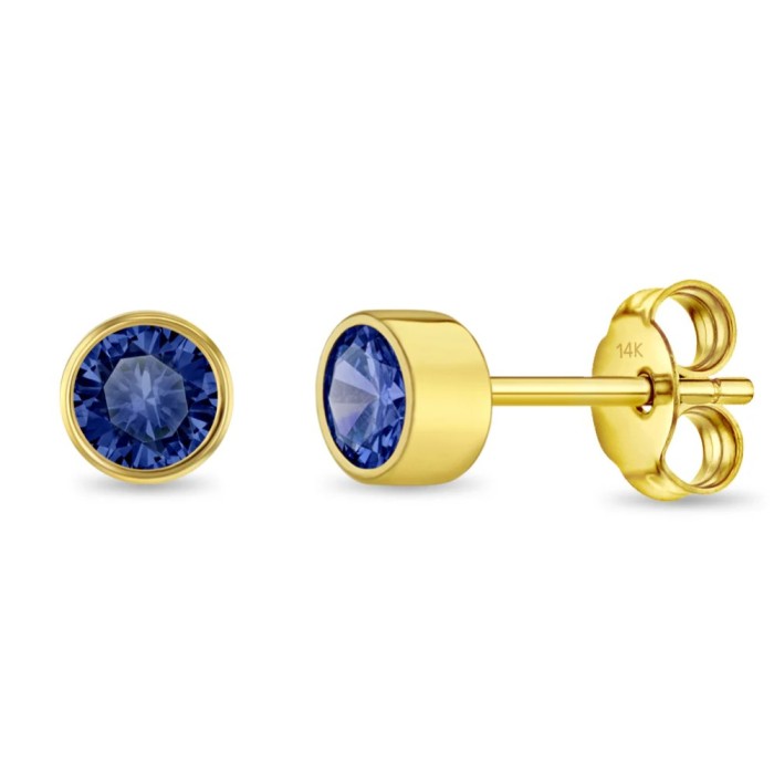 Cercei din Aur 14K pentru Copii, cu Safir &ndash; Birthstone luna Septembrie, montura Halo, inchidere cu Fluturas
