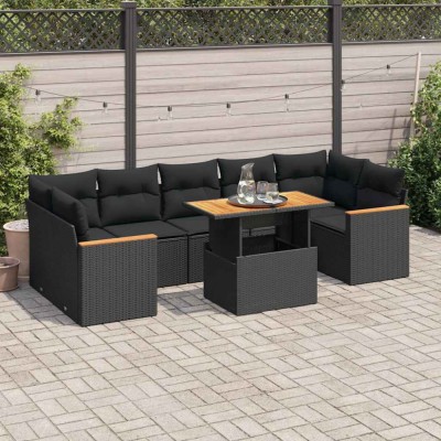 vidaXL Set mobilier grădină perne 8 piese negru, poliratan/lemn acacia 3327457 foto