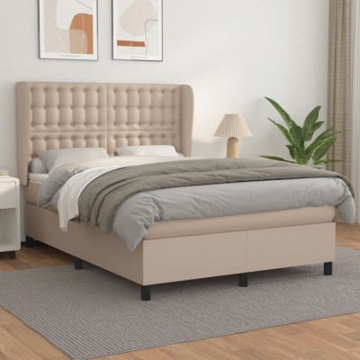 vidaXL Pat box spring cu saltea, cappuccino, 140x190cm piele ecologică foto