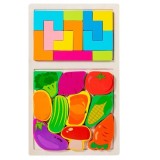 Joc educativ pentru copii, puzzle tetris, Montessori, legume colorate, lemn, 28.5 x 17 cm, varsta 3+ ani, multicolor